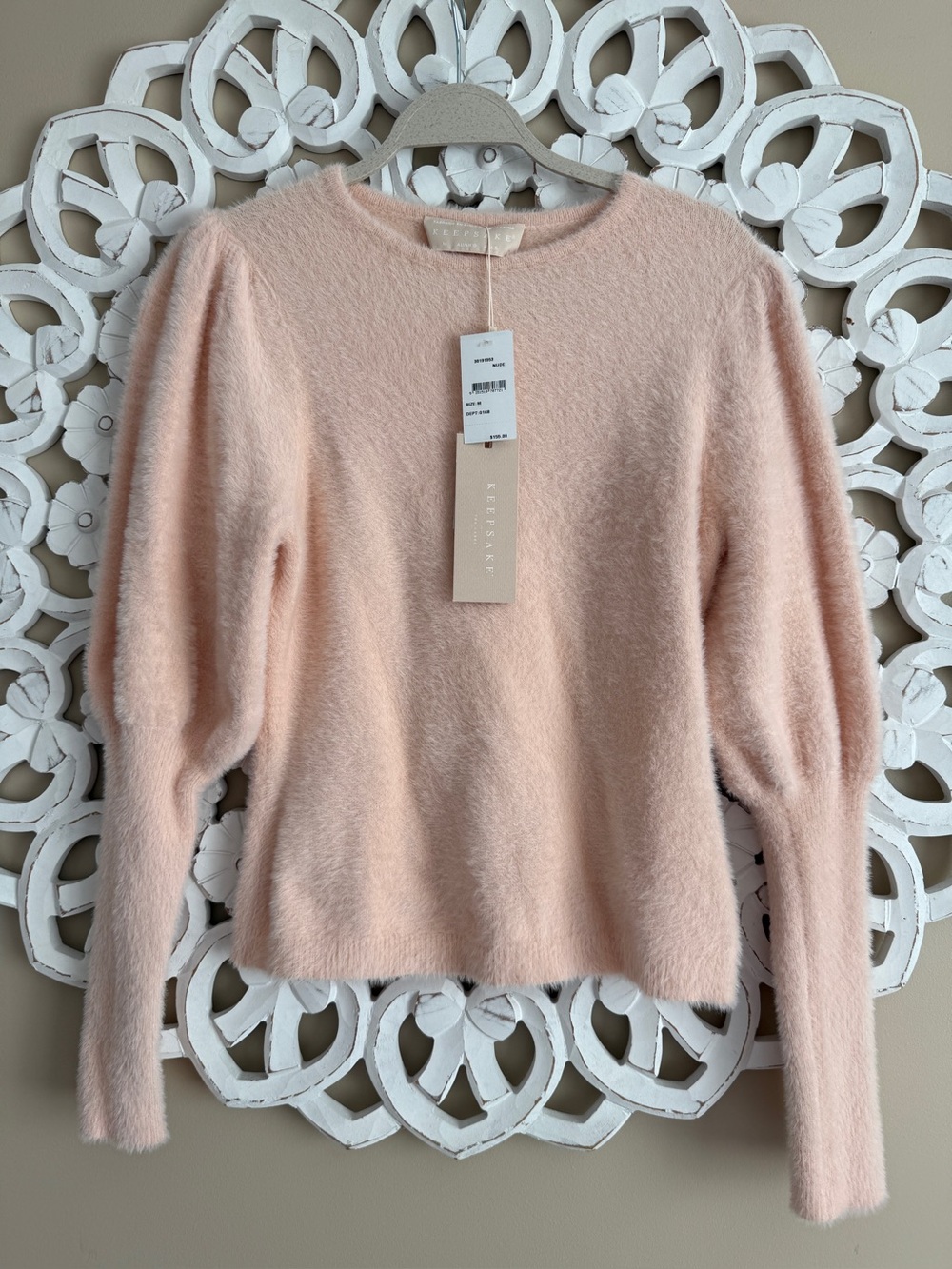 KEEPSAKE Fuzzy Nude / Blush Pink Puff-Sleeve Crewneck Sweater Size M
